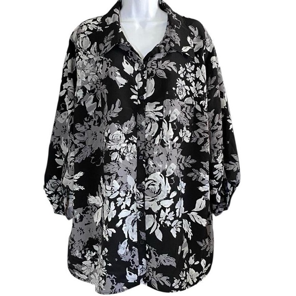 White Stag Tops - Black Gray Floral Button Down Top Women’s 2X Whimsygoth Dark Romantic 90’s Goth